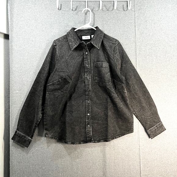 Denim & Co. Confy Knit Acid Wash Snap-Down Big Shirt Black Small - Picture 1 of 9
